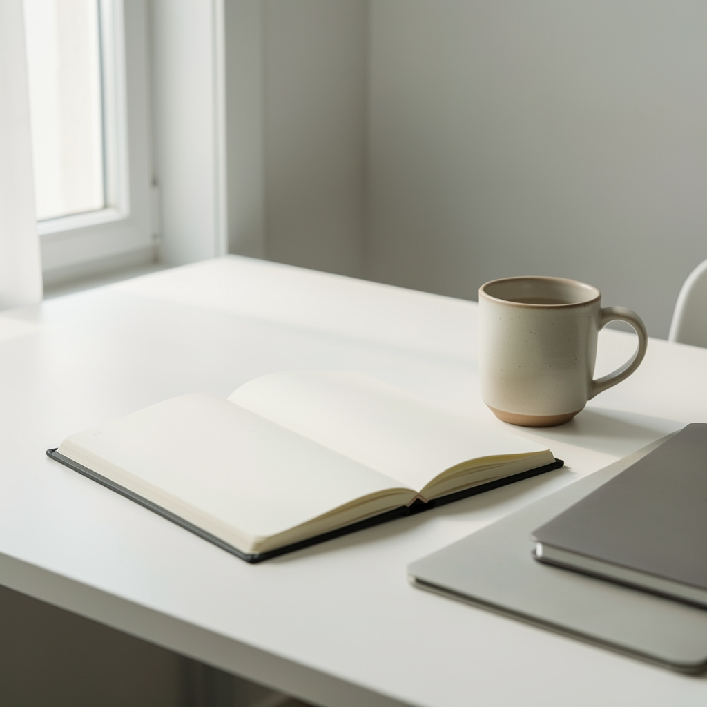 Minimal editorial workspace with open notebook, natural light, and a ceramic mug, Kuala Lumpur