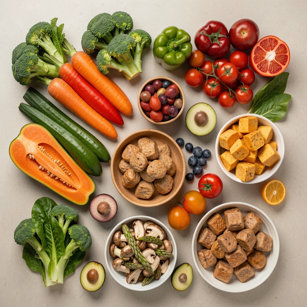 Colourful tropical vegetables and protein foods arranged on a neutral surface, overhead editorial flat lay