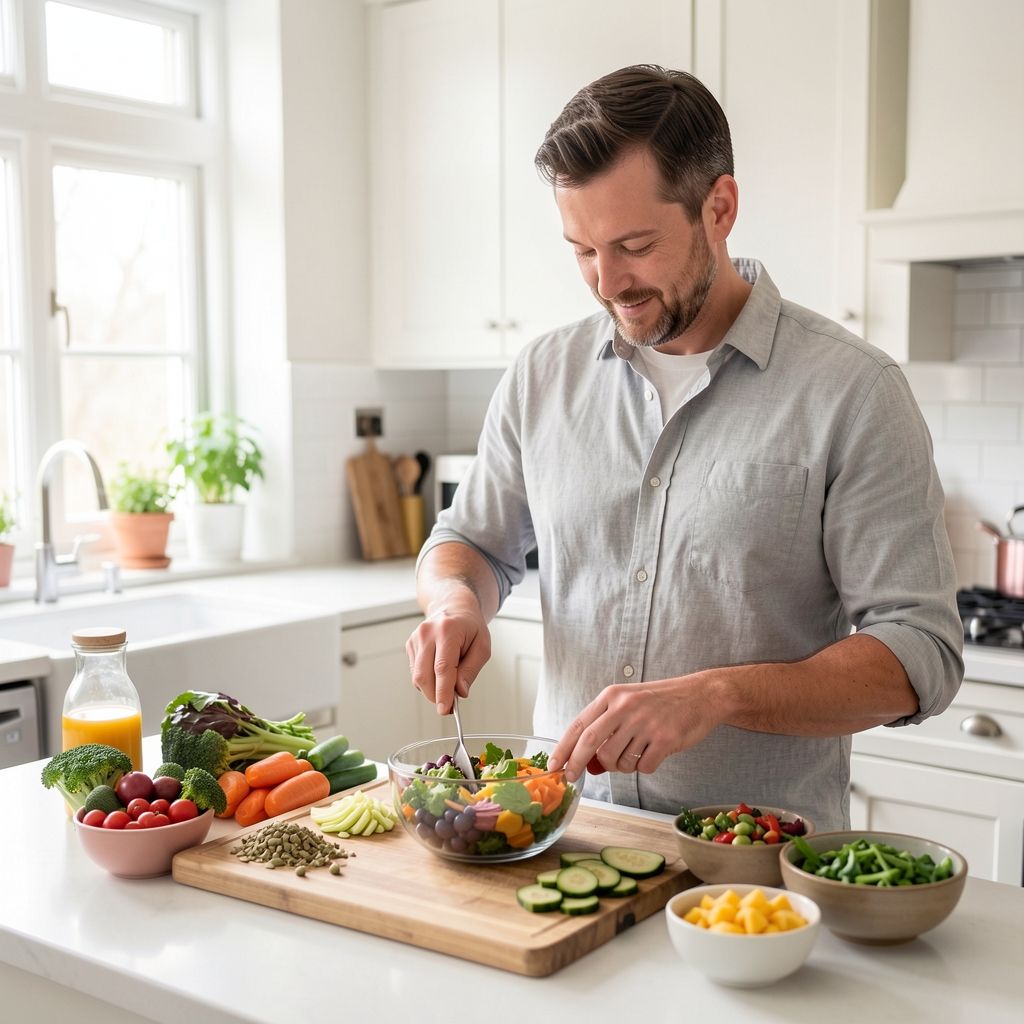 Man preparing a nutritious whole-food meal in a bright home kitchen, editorial daylight, Kuala Lumpur