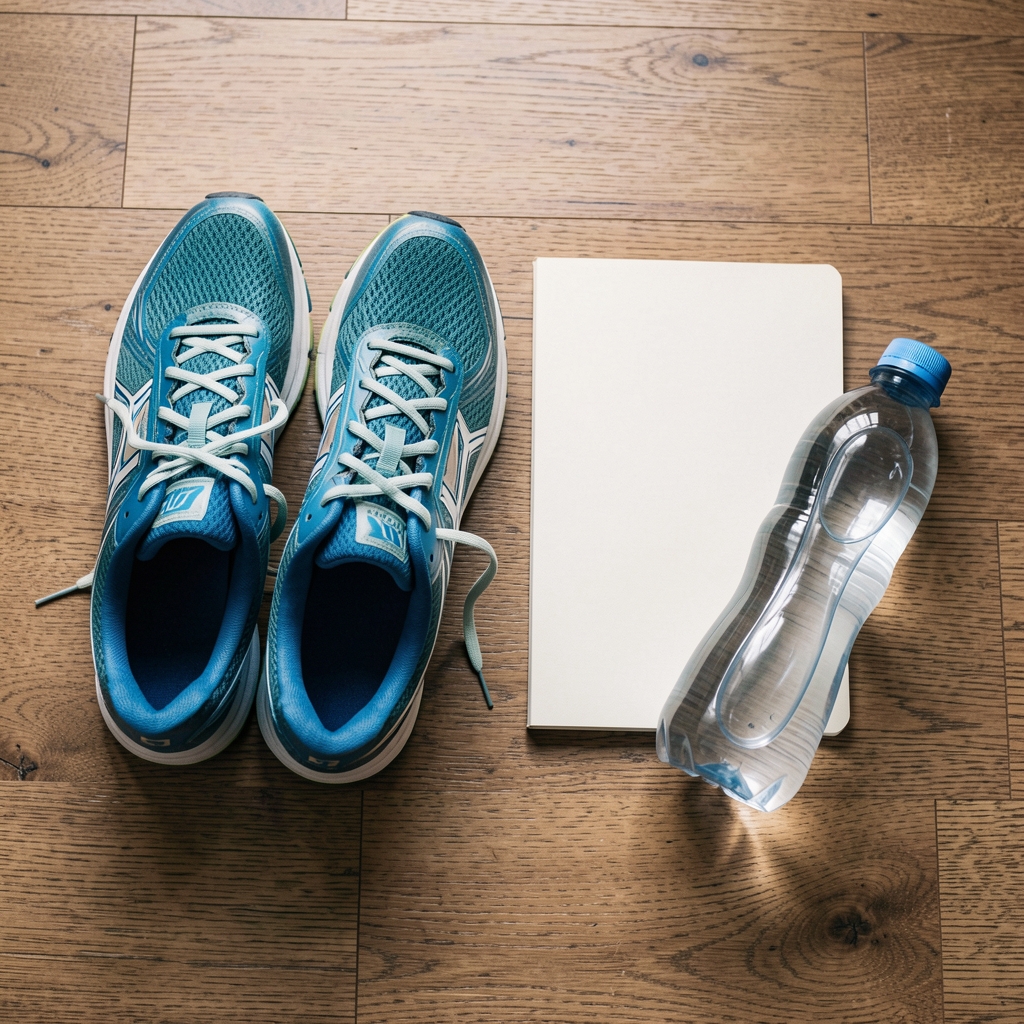 Running shoes beside a notebook and water bottle on a wooden floor, editorial flat lay composition