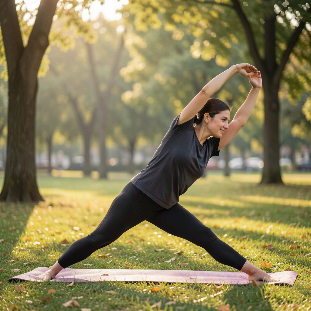 Person doing early morning stretches outdoors in a park, soft daylight, editorial composition