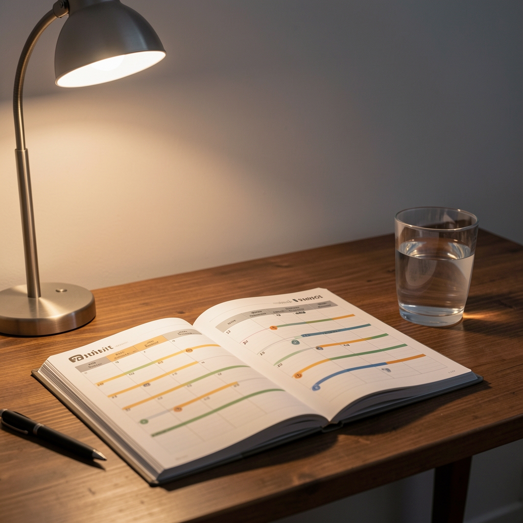 Habit tracker open on a wooden desk beside a glass of water and reading lamp, soft evening editorial light