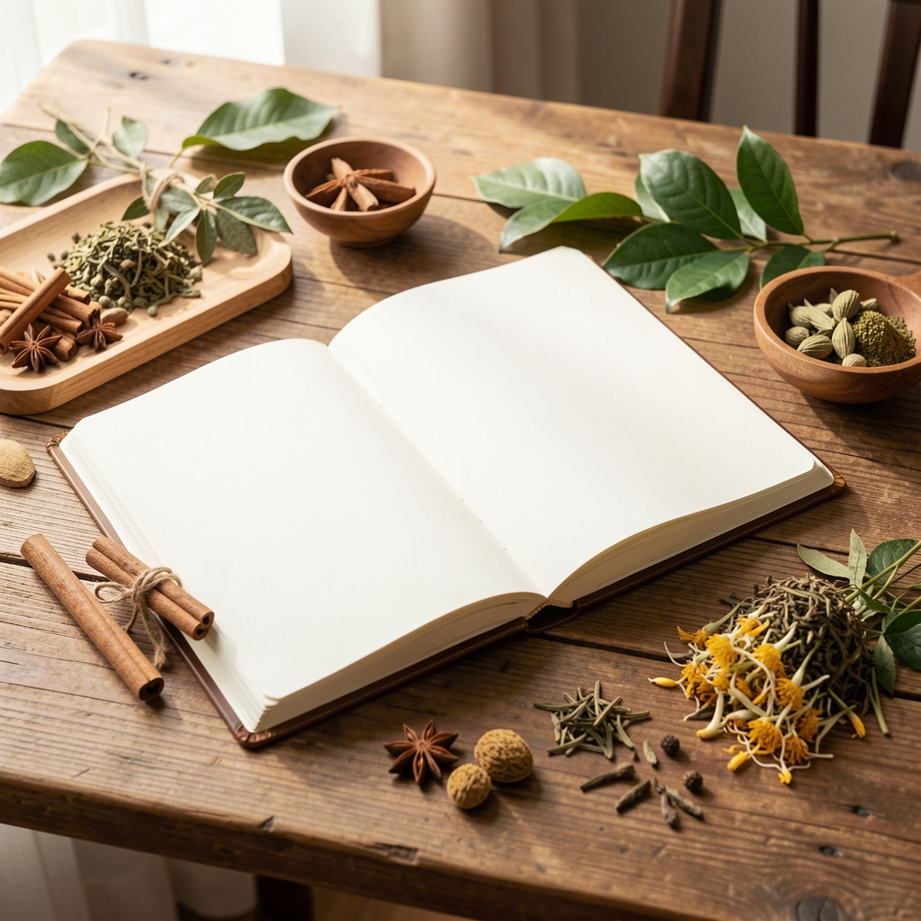 Open wellness journal and traditional Malaysian herbs arranged on a wooden desk, natural light editorial