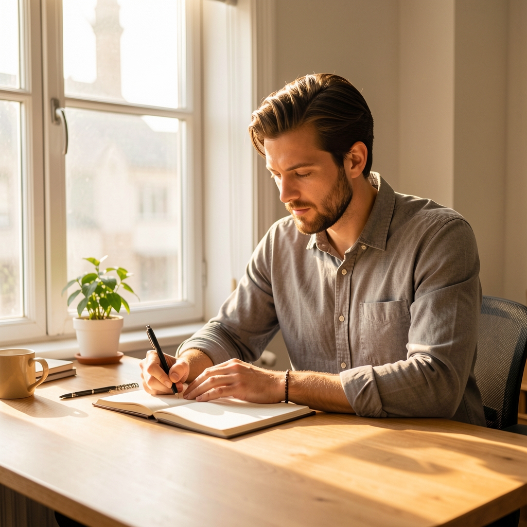 Man journalling at a desk by a bright window, warm morning light, editorial composition, Kuala Lumpur