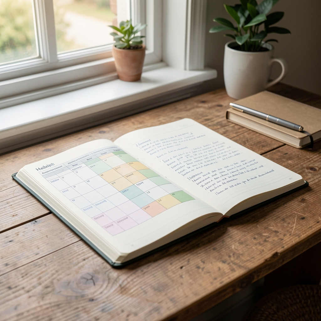 Habit tracker and research notes open on a wooden desk, natural window light, editorial composition